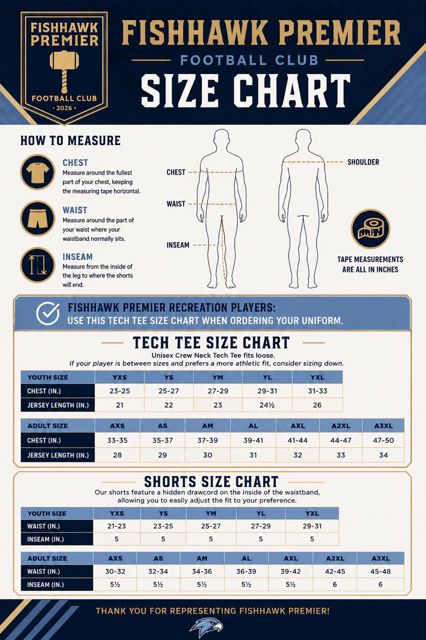FishHawk Premier FC Uniform Sizing Chart