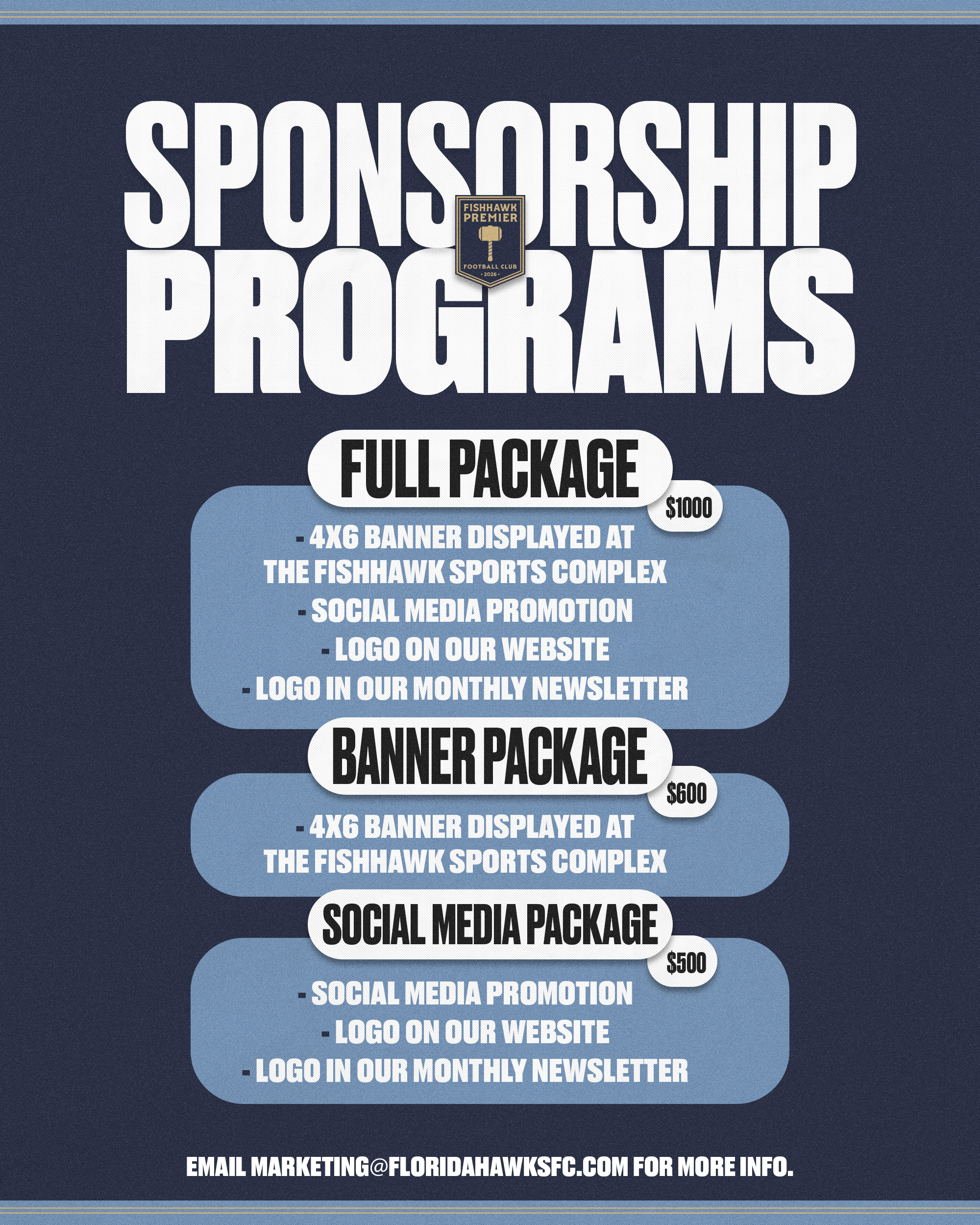 FishHawk Premier FC sponsorship programs: Full Package $1000, Banner Package $600, Social Media Package $500